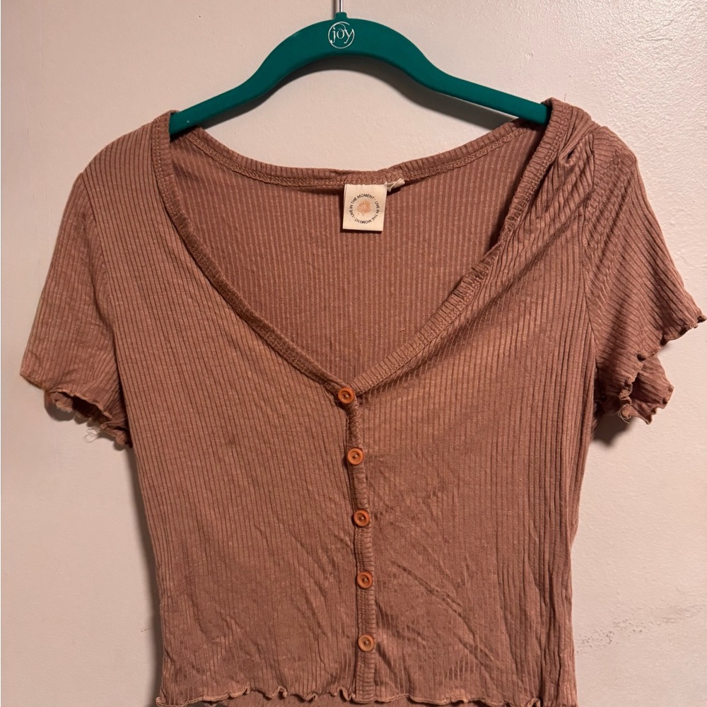 Casual Tan Ribbed Button-Down Top